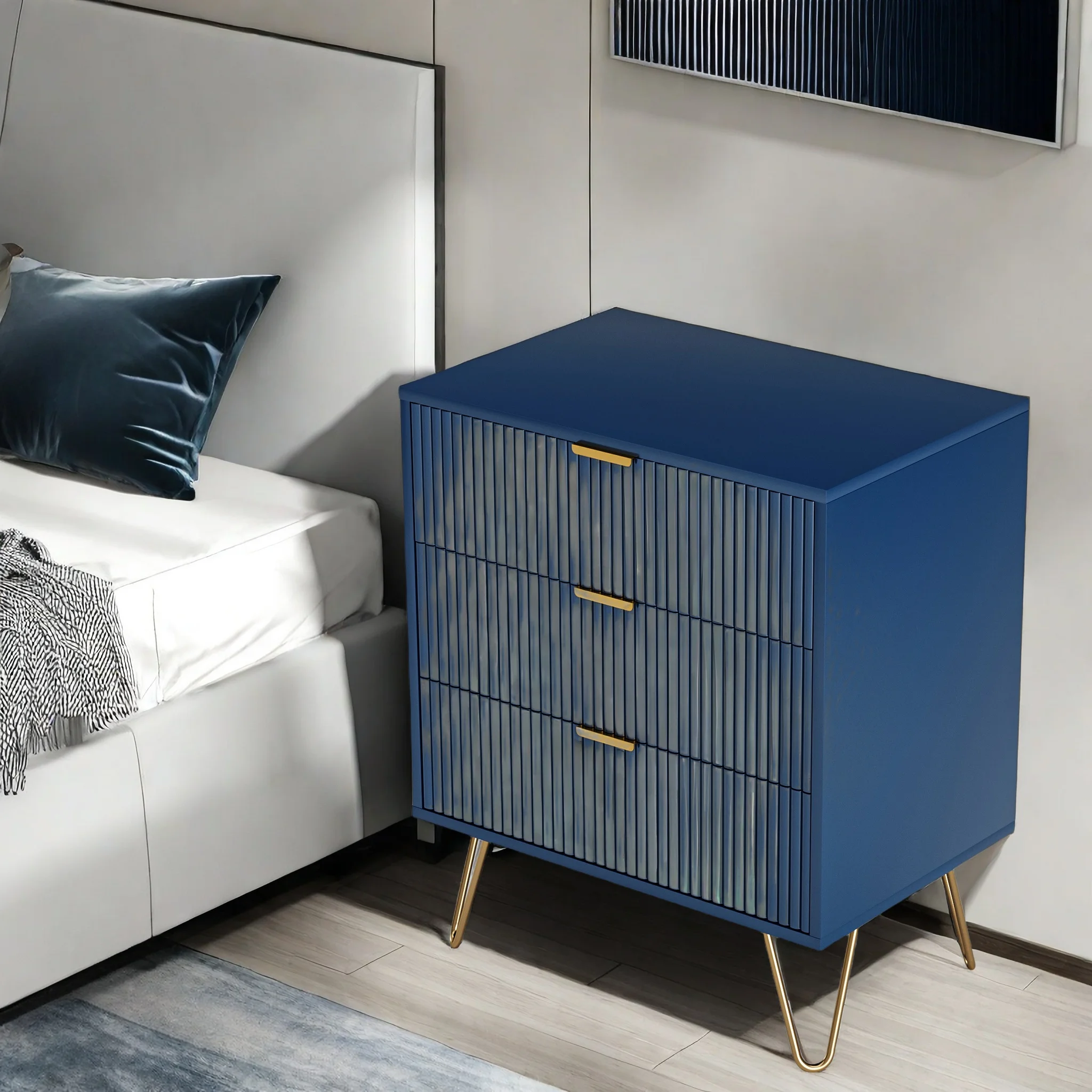 Blue Bedside Table with 3 Drawers, Vertical Grain Modern Bedside Cupboard, Light Luxury Living Room Chest of Drawers, Nightstand