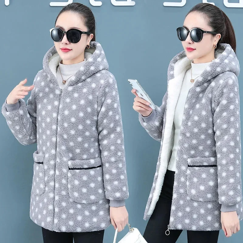 Add Velvet printing Coat Female Tops Middle Aged Women's Mid-Length Cotton-Padded Jackets Winter Hooded Warm Cold-Proof Overcoat