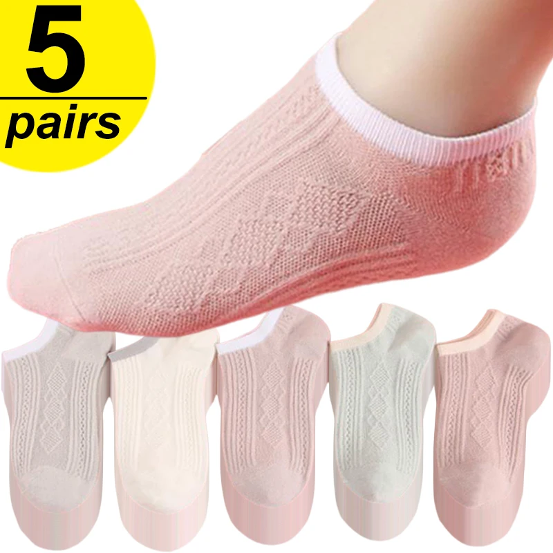 

5pairs Women Solid Casual Cotton Short Socks Pack Ladies Fashion Concise Stripe Breathable Comfortable Trendy Ankle Socks