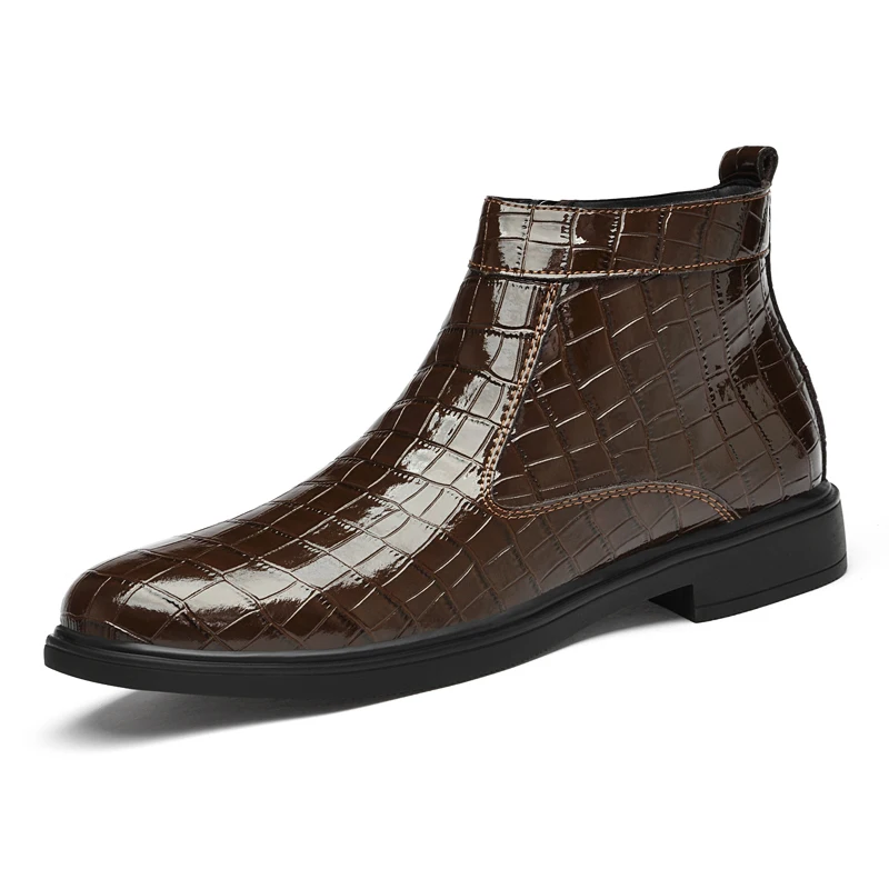 Autumn Winter Mens Patent Leather Boots Men Casual Brown Black Ankle Boots With Side Zipper Big Size 47 48
