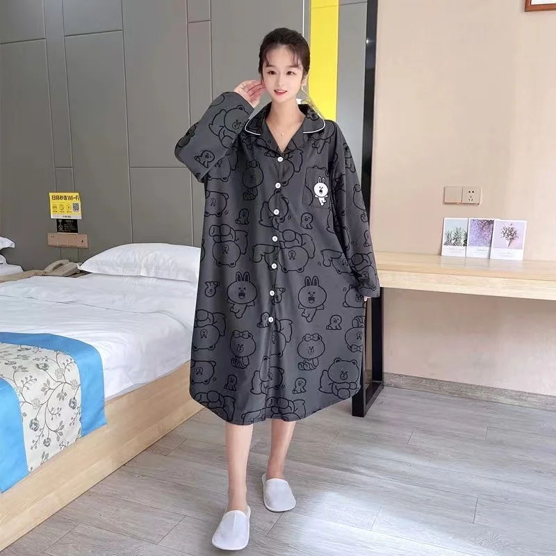 Women's Long-Sleeved Pajama Dress, Cotton Blend, Loose, Female Clothing, Oversize, Add, Large Size, Autumn, 150kg