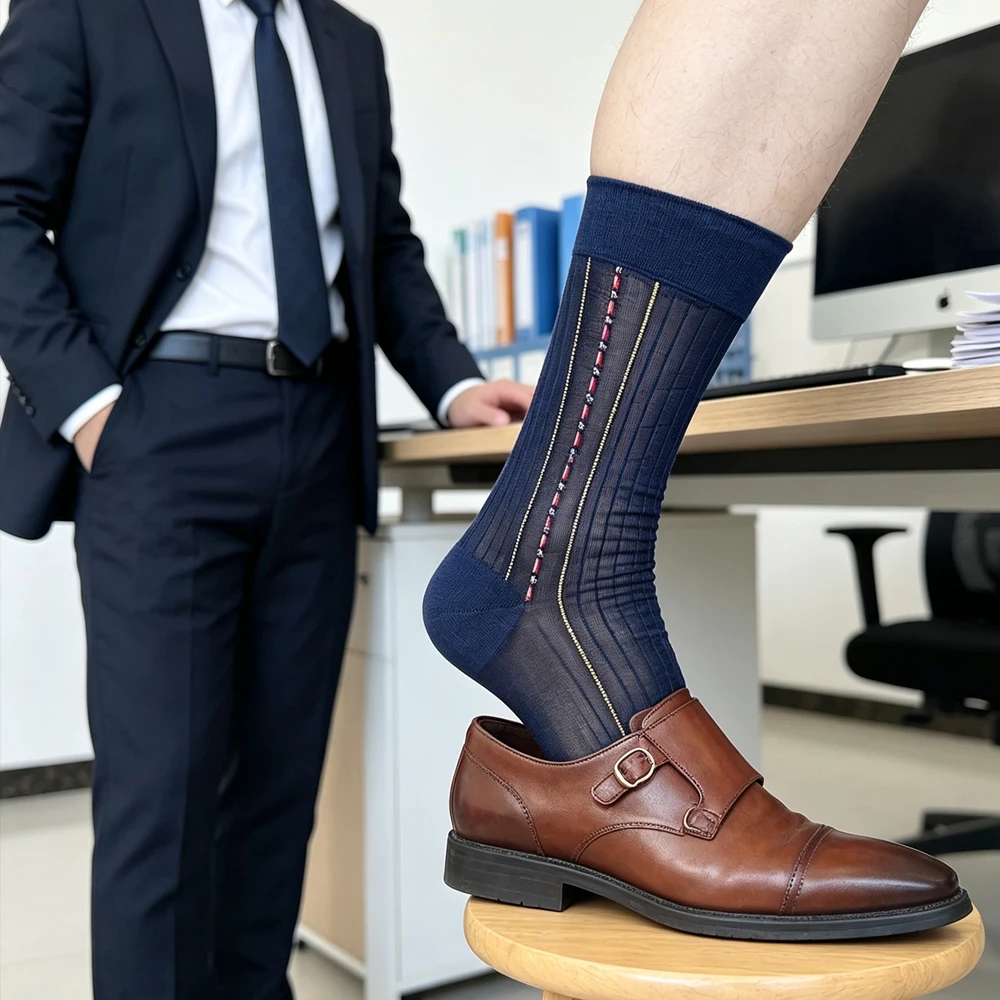 Men's Sheer Striped Business Dress Socks Thin Breathable Ribbed Crew Socks Formal Office Wedding Party