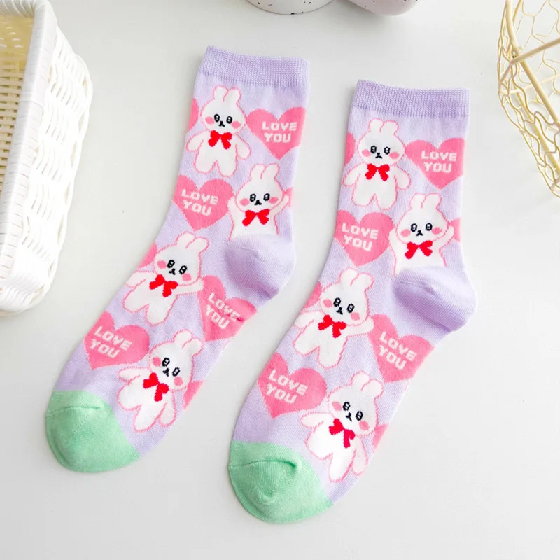 Japanese Cotton Rabbit Strawberry Love Illustration Cute Girl Cartoon Mid tube Socks Korean