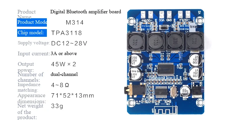 M314 Ultra-Klare Bluetooth Digitale Leistungsverstärkerplatine TPA3118 Dual 45W Audio-Verstärkungsmodul – Detail 2
