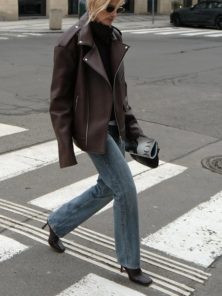 Women's Jackte Textured PU Leather Jackets Drawstring Waist Outwear High Neck Coats Asymmetric Zip Oversize Autumn Lady Clothes