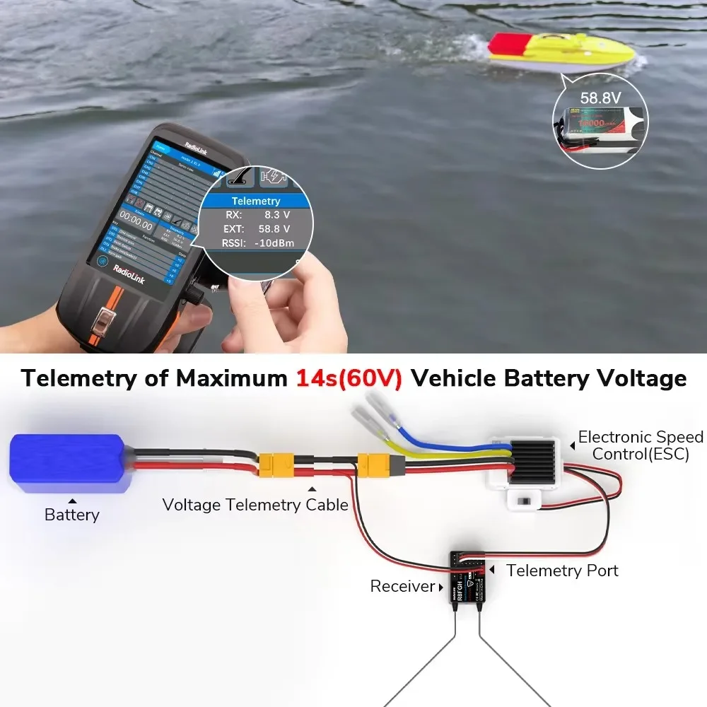 Radiolink R8FGH Gyro ricevitore 2.4G 8 canali telemetria tensione del veicolo fino a 14S 58.8V per RC Car Boat Mower Machine Robot