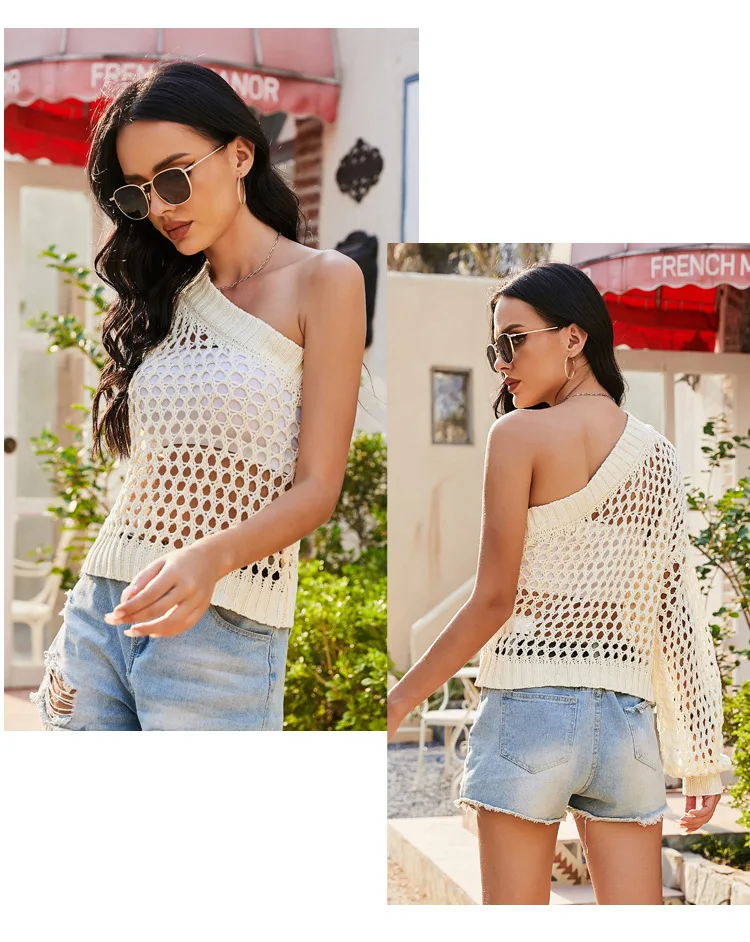 2024 Cross border Amazon Women's Sexy Hollow Loose Cover Top Solid Color Diagonal Shoulder Single Sleeve Thin Knitted Shirt