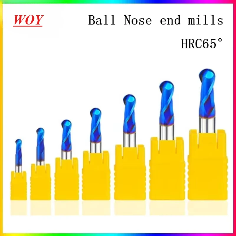 WOY NEW HRC65 degrees Ball Nose end mill 1mm~6mm 0.5mm 1.5mm 2mm 4mm 6mm Spindle metal milling cutter with tool shank of CNC