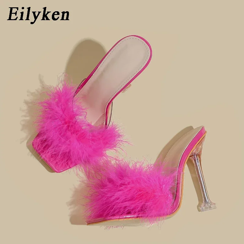 Eilyken Summer Design Feather Faux Fur Women Slippers Sexy Square Toe Clear Crystal High Heels Shoes Party Prom Slides Sandals