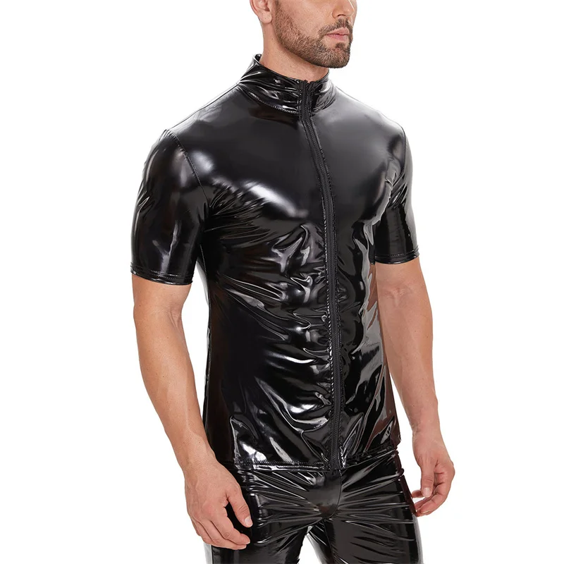 New Men Casual Cardigan Short Sleeved Shirt PVC Glossy Patent Leather Sexy Tight Stretch Latex Outerwear Male Motorbike Clothing