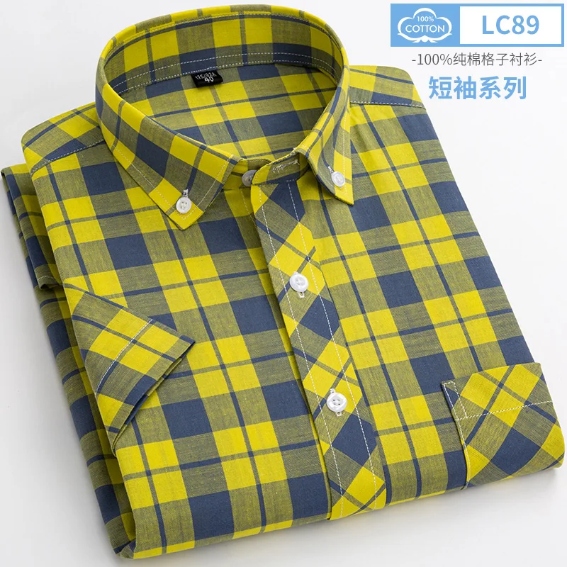 Summer Short Sleeve Shirts for Men Slim Fit Casual Plain Shirt Thin Plaid Hawaiian Soft Tops Popular Clothes 100%cotton