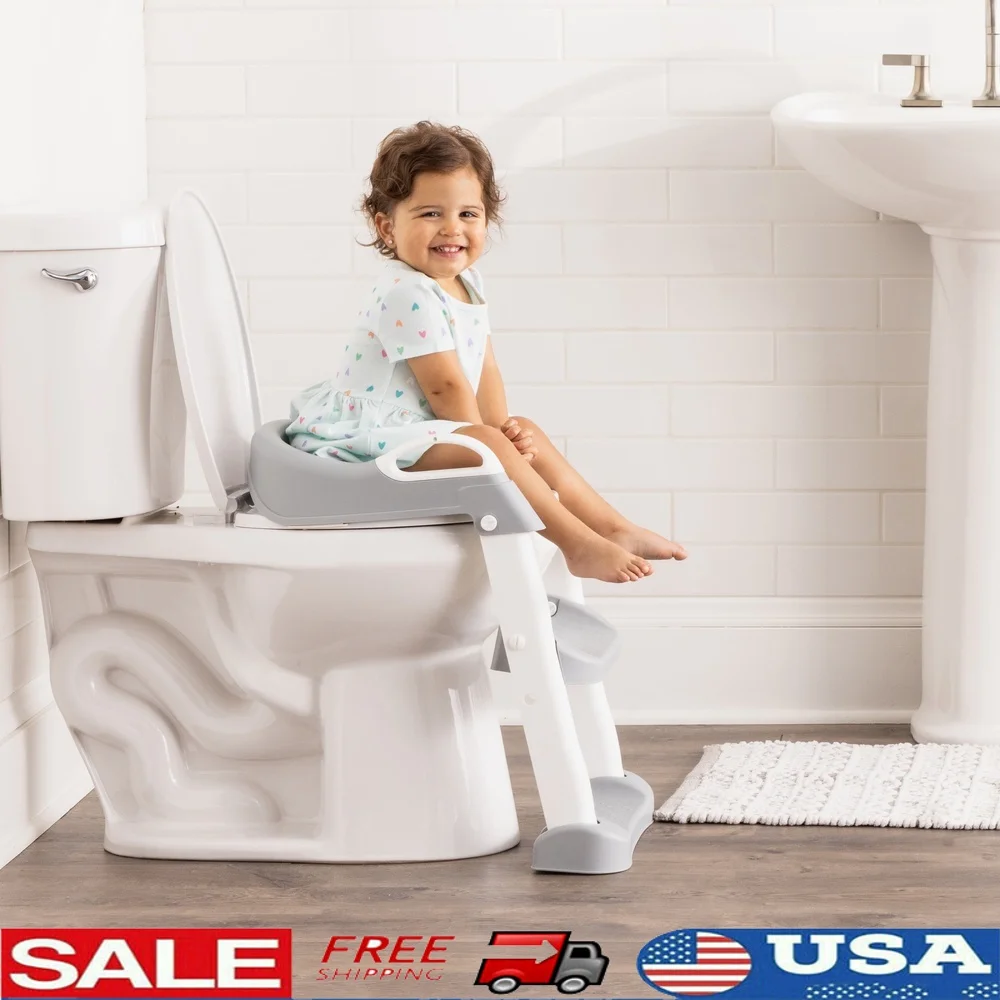 

Toddler Potty Trainer Step Stool with Safety Handles Attached Steps Padded Seat Adjustable Height Toilet Training Ages 2-5