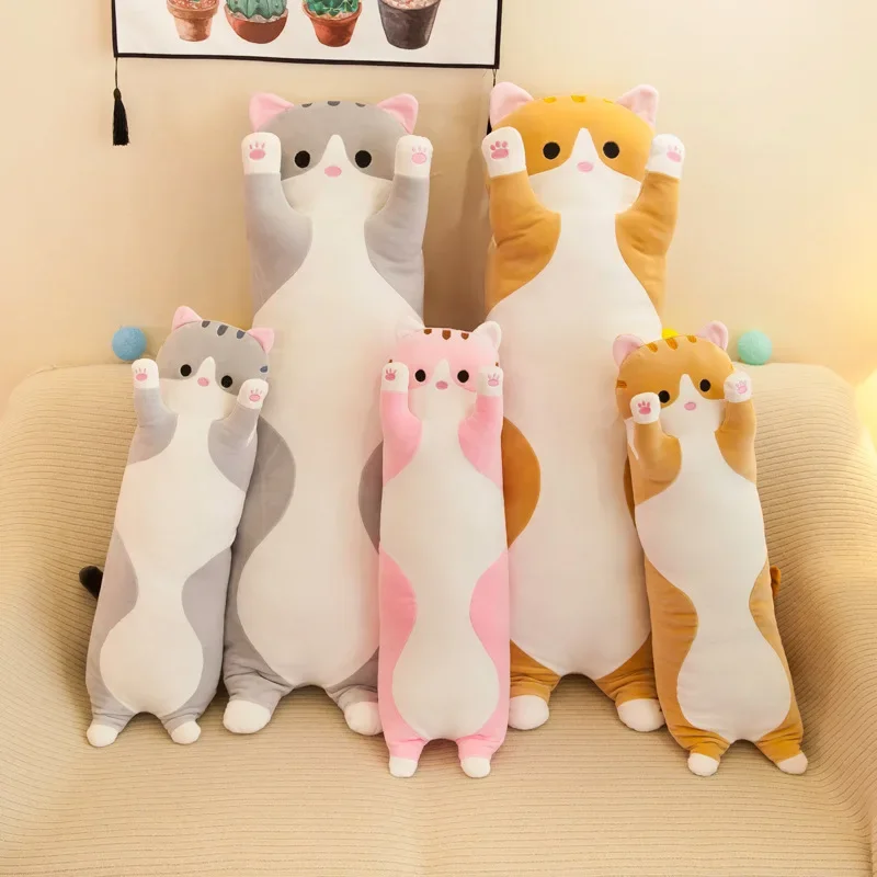 Juguetes de peluche de gato de 50-70CM de largo, lindo gato Animal, juguetes creativos largos y suaves, almohada para dormir para siesta en la oficina, muñeco de regalo relleno para niños