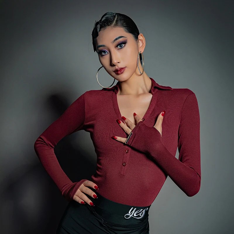 

New Latin Dance Practice Tops Modern Standard Dance Stage Performance Costumes Tango Samba Red Long Sleeve V-Neck Shirts DWY8563