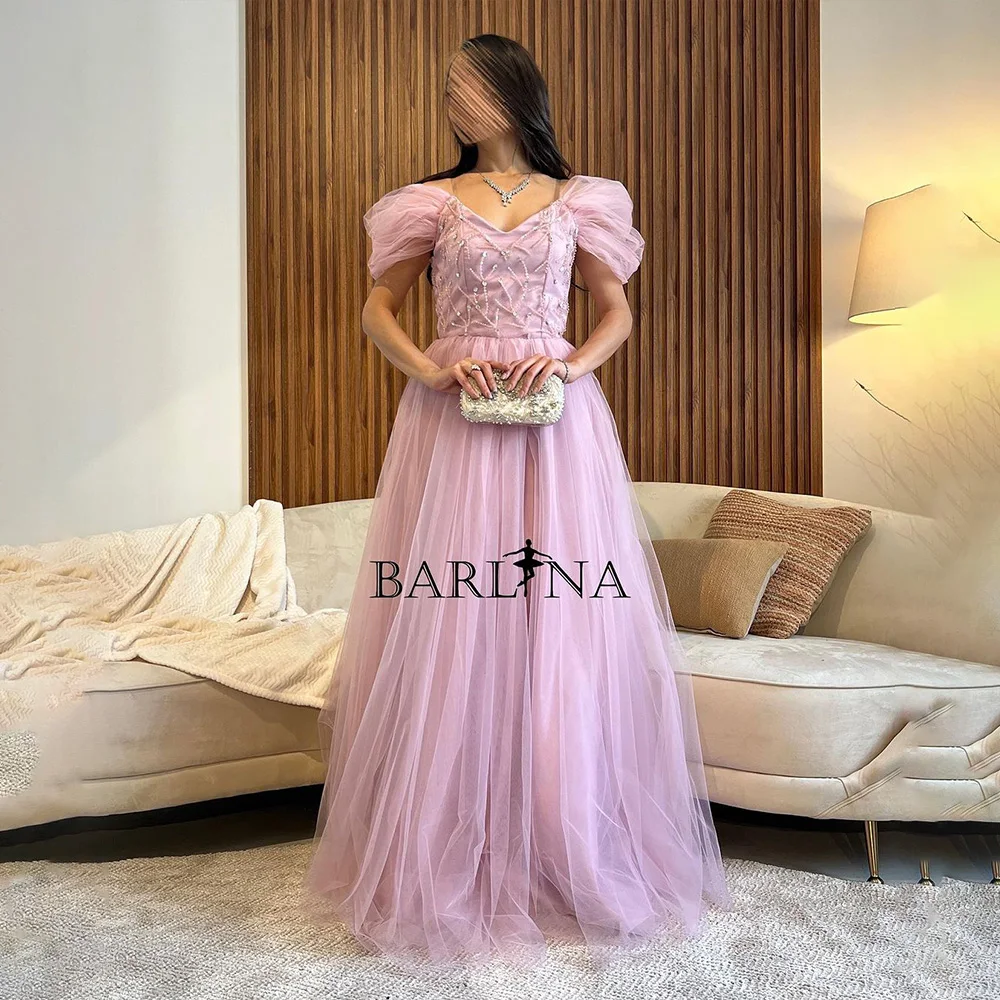 

Lavender Tulle A Line Evening Dresses Off Shoulder Sequins Beads V Neck Prom Dress Arabic Dubai Formal Occasion Gowns