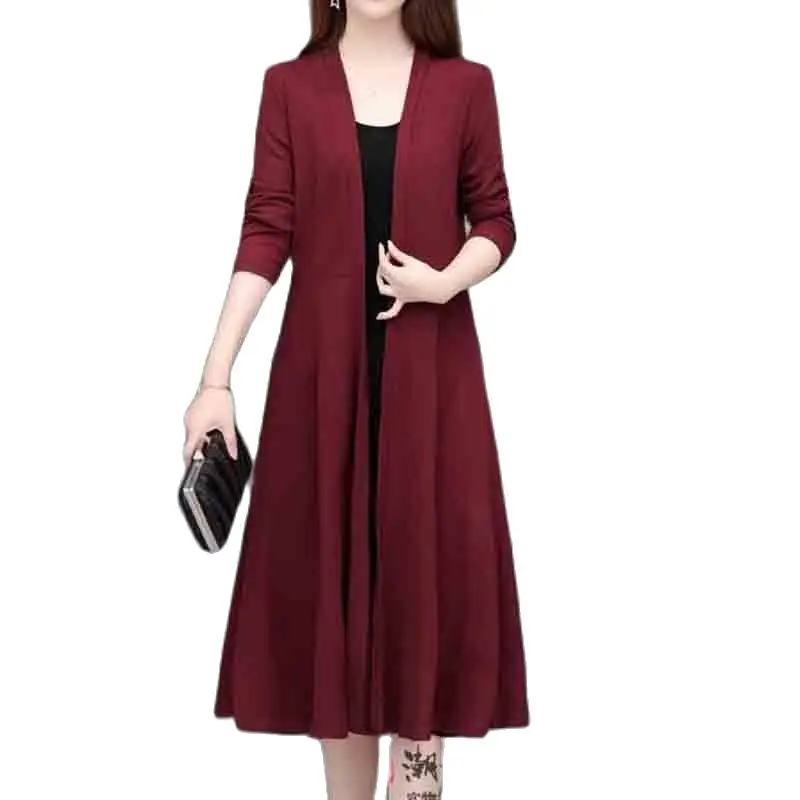 

New Spring And Autumn Solid Color Shawl Women's Mid-length Long-sleeved Over-the-knee Loose Top Women's Casual Cardigan