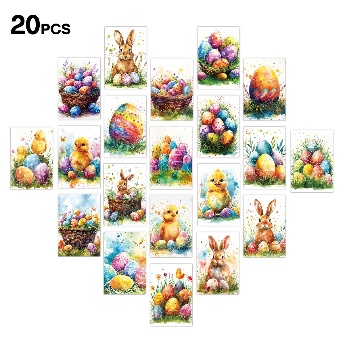 20 Stück Ostern-Kaninchen-Eier-Themen-Postkarten, Aquarell-Hasen-Grußkarten, Wand- und Fensterdekoration für Zuhause, Osterpartyzubehör, Geschenkanhänger