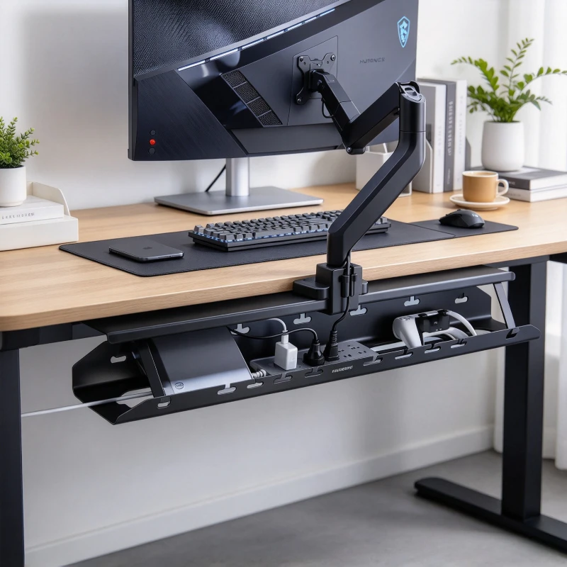 Under Desk Cable Tray Extra Long Sheet Metal Wire Organizer with High Capacity Concealed Power Strip Storage for Standing Desks