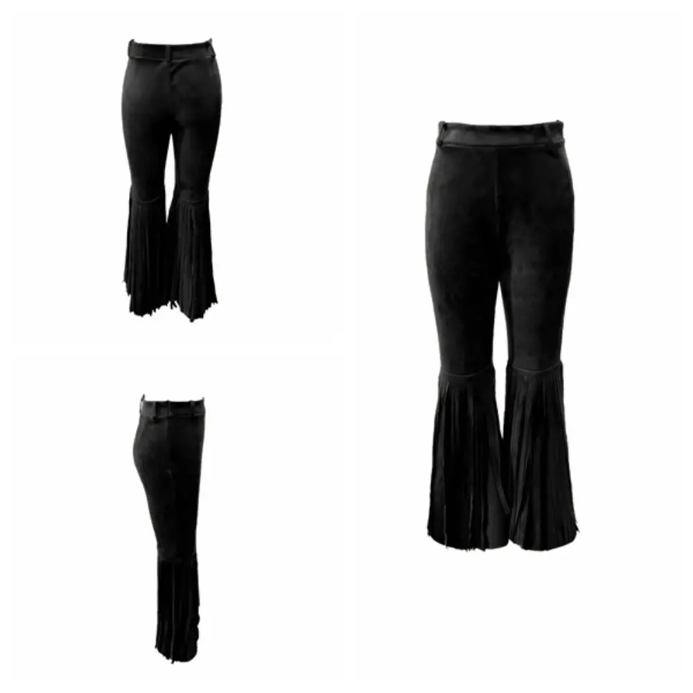 Solid Color Suede Tassel Pants Fringe Hem Splicing Design Retro High Waist Trousers Streetwear Boho Style Slim Fit Flare Pants