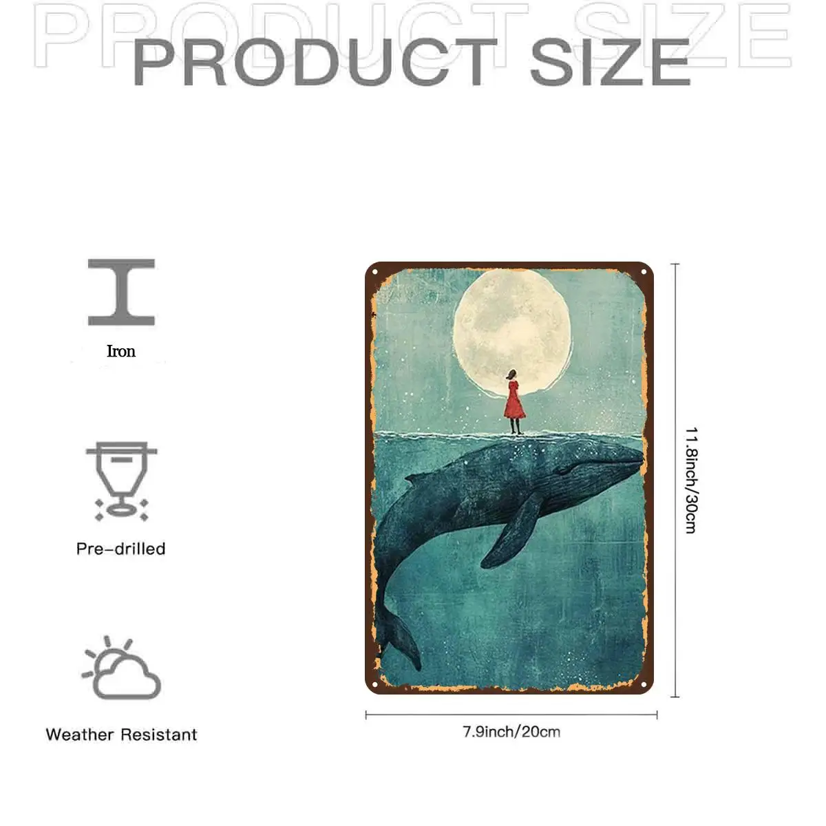 Whale and Moon Dream SceneMetal Iron Aluminum Sign, Pre-Drilled Holes, Suitable for Indoor, Garden,Outdoor, Home, Office