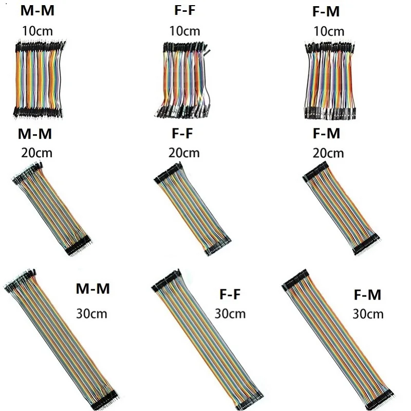 40pcs/row 10CM 15CM 20CM 30CM Color Dupont Line Female Male Head Dupont Cable 1P-1P 2.54mm Spacing 40P F-M/F-F/M-M For Arduino