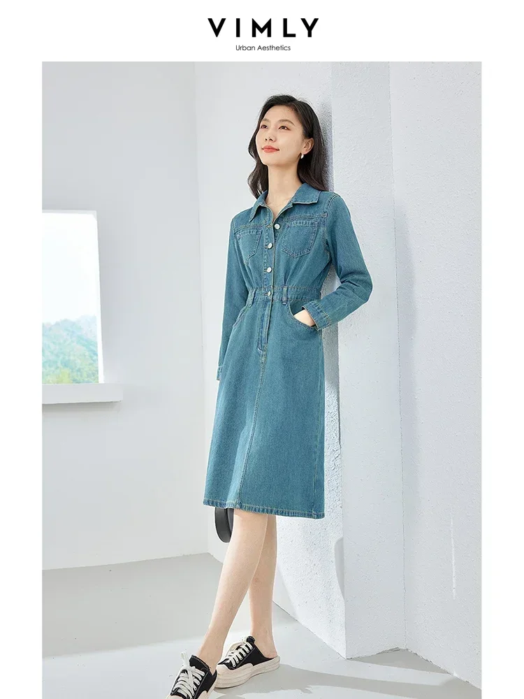 Vimly Vintage blau Baumwolle Denim Kleid Frauen Herbst neu in Revers Langarm tailliert Split Shirt Kleider Kleidung