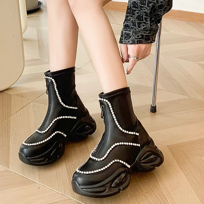 Winter Mid Heels Crystal Chelsea Boots Platform Ankle Women Luxury Shoes 2024 Fashion New Trend Zipper Brand Motorcycle Boots