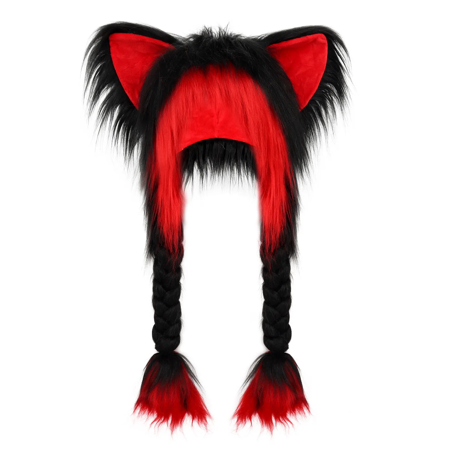 New Red Black Cat Ear Cosplay Plush Hat with Braided Warm Fluffy Earmuffs and Headwear Y2K Anime Accessory Hat