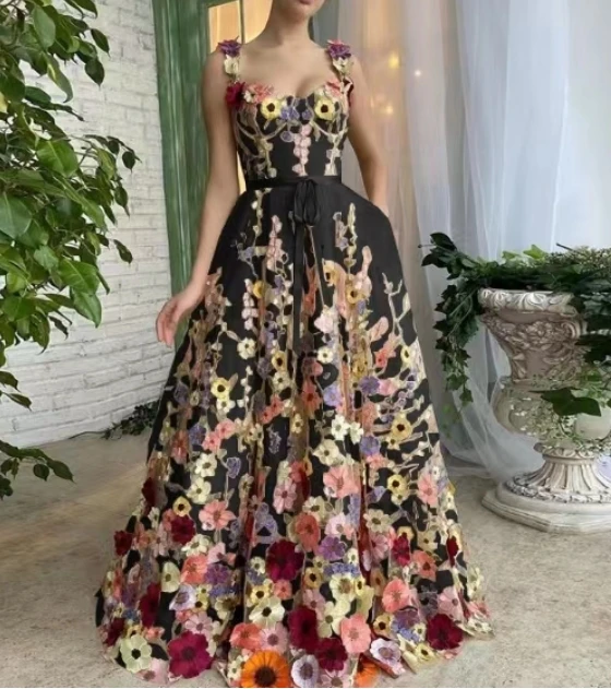 3D Floral Embroidery Strap Slim Maxi Dresses for Women Elegant Fashion Backless Sleeveless Wrap Hip Sexy Party Long Dress 2024