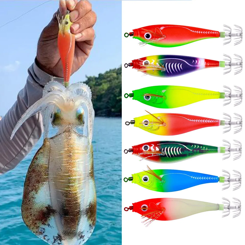 9.5cm 10g Luminous Squid Jig Lure Sea Fishing Wood Shrimp Lure Saltwater Cuttlefish Squid Jig Hook Bait Shrimp Wobbler Pesca