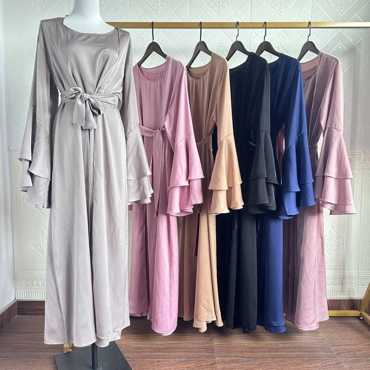 Two-Piece Set for Muslim Ramadan and Eid, Cardigan, Maxi Dress, Horn Sleeve, Open Kimono, Abaya, Moroccan Women Robe, No Scarf,