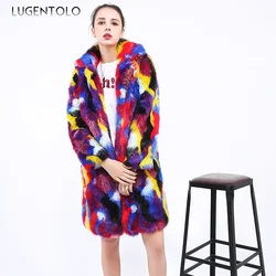 Nepbont Warme Vrouwen Jas Herfst Winter Kleurrijke Faux Vossenbont Lange Jas Dame Mode Hoge Kwaliteit Revers Kleding Beschikbaar 4XL