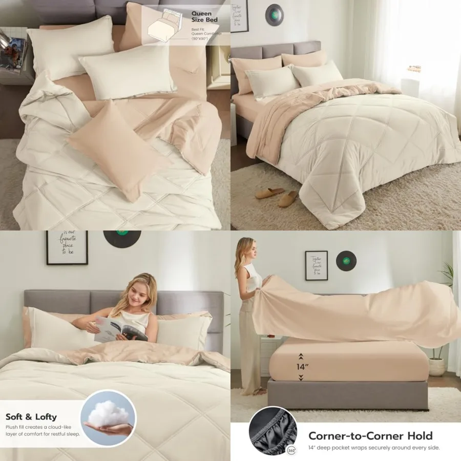Comforter Set with Sheets Beige, 7 Pieces Bed Set with 1 Down Alternative Comforter, 1 Flat Sheet, 1 Fitted Sheet, 2 Pillowcase