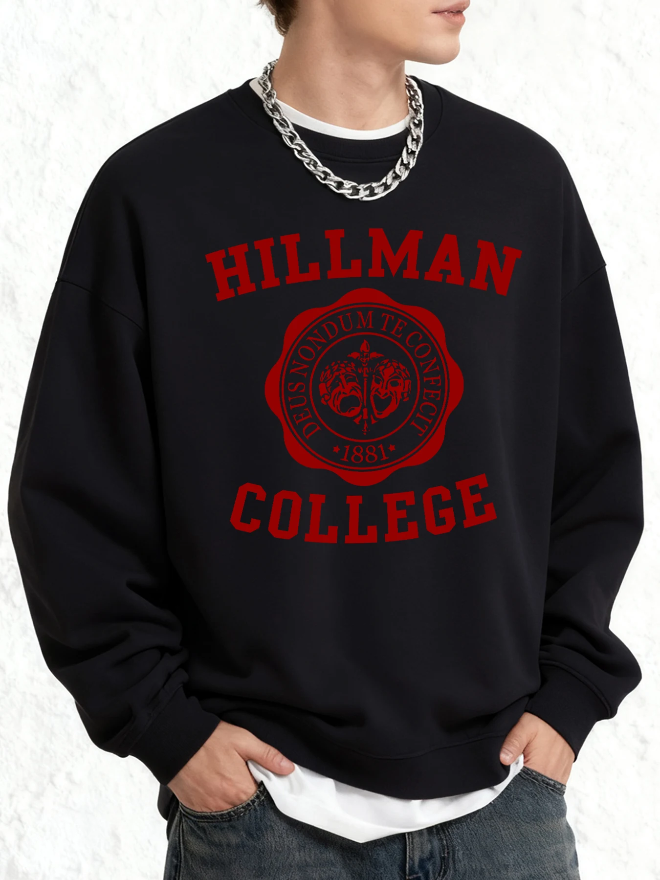 Hillman College Number 1881 Design Men Sweatshirt All-Match Retro Pullovers Simple Crewneck Top Oversize Unisex Hip Hop Clothing