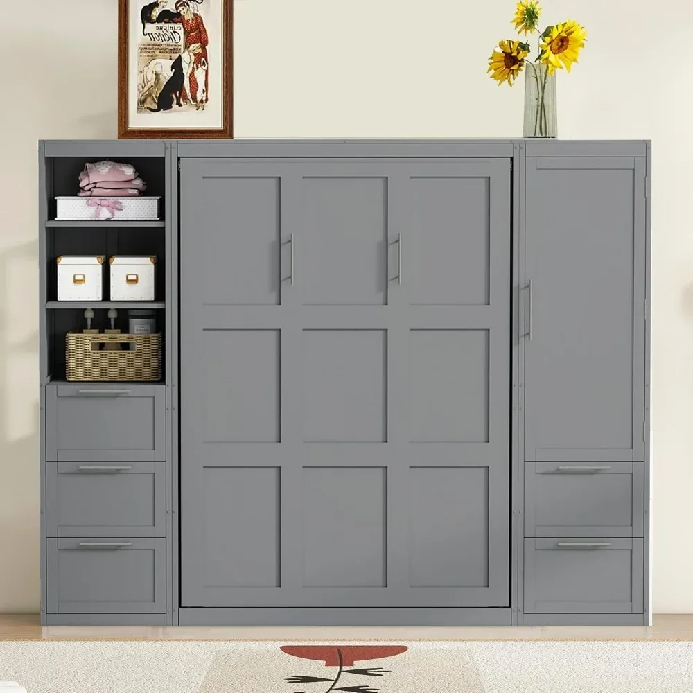 Harper & Bright Designs Queen Size Murphy Bed with Closet, Wall Bed with Drawers and Shelves, Gray