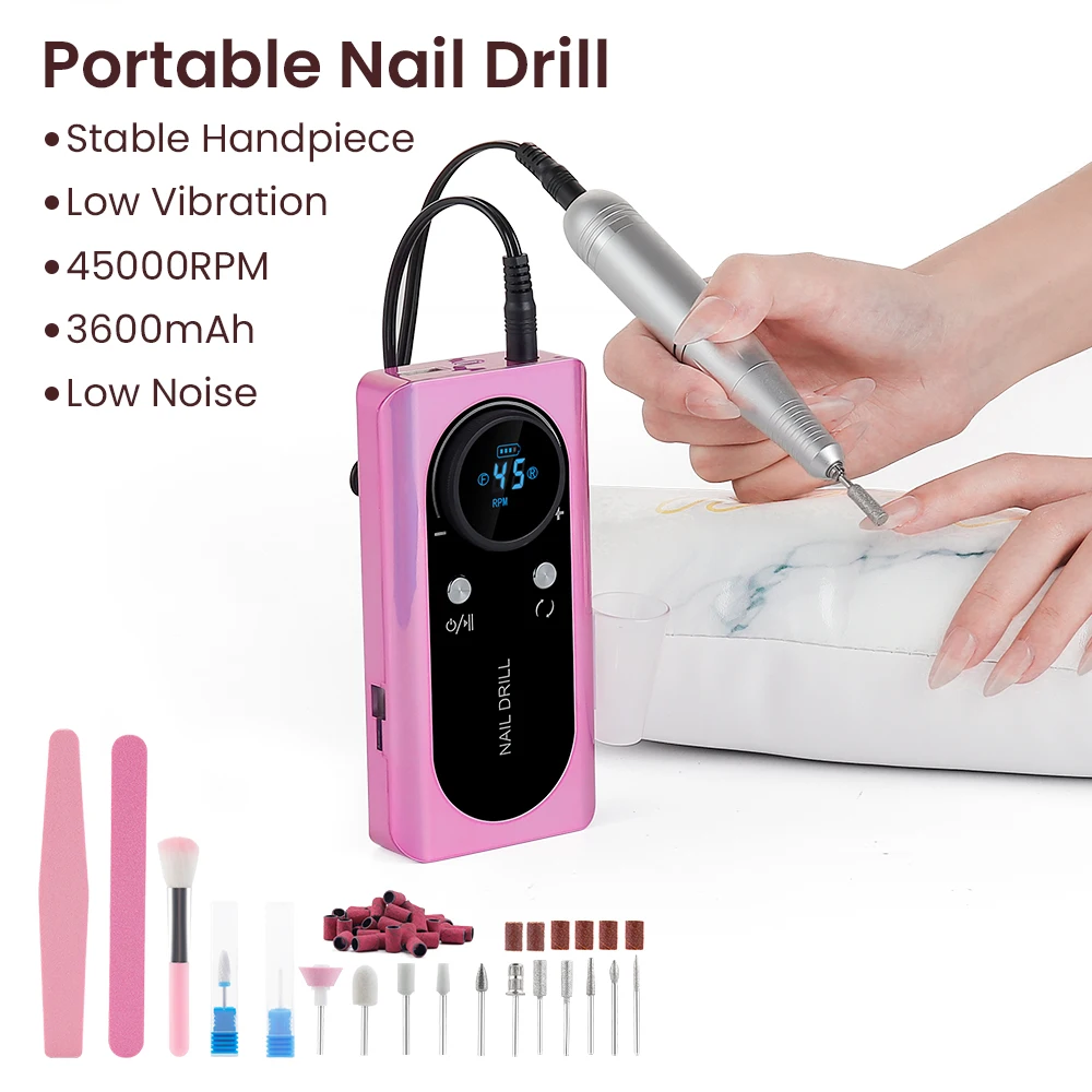 45000RPM Nail Drill Machine Rechargeable Nail Drill Milling Machine Portable Wireless Manicure Grinder Nail Polisher Cutter Kit