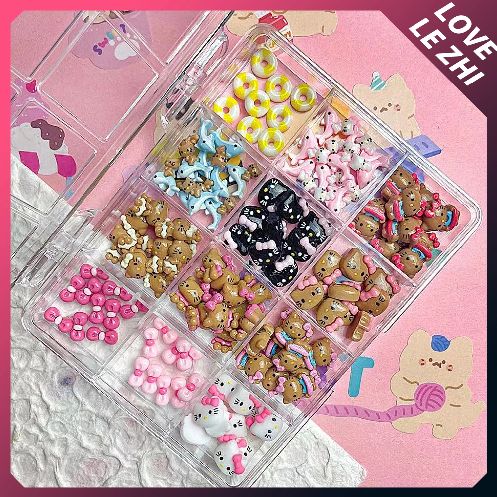 120Pcs Boxed Summer Ocean Beach Blue Hello Kitty Nails Art Charms Accessories Hawaii Black Skin Kt Dolphin Bow Resin Accessories