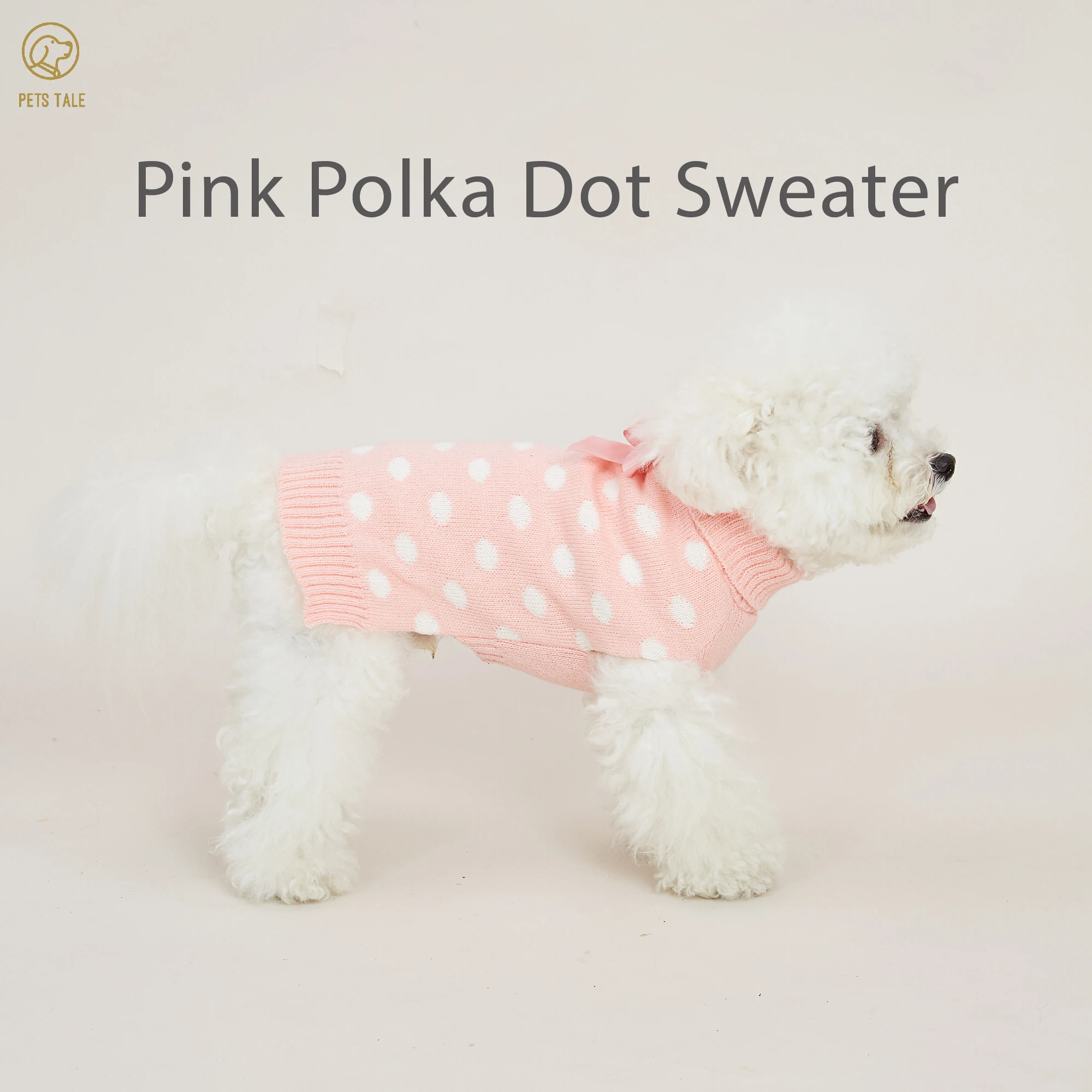 Cute Dog Pink Bow with White Polka Dots Double Collar Chain-Hole Pink Sweater