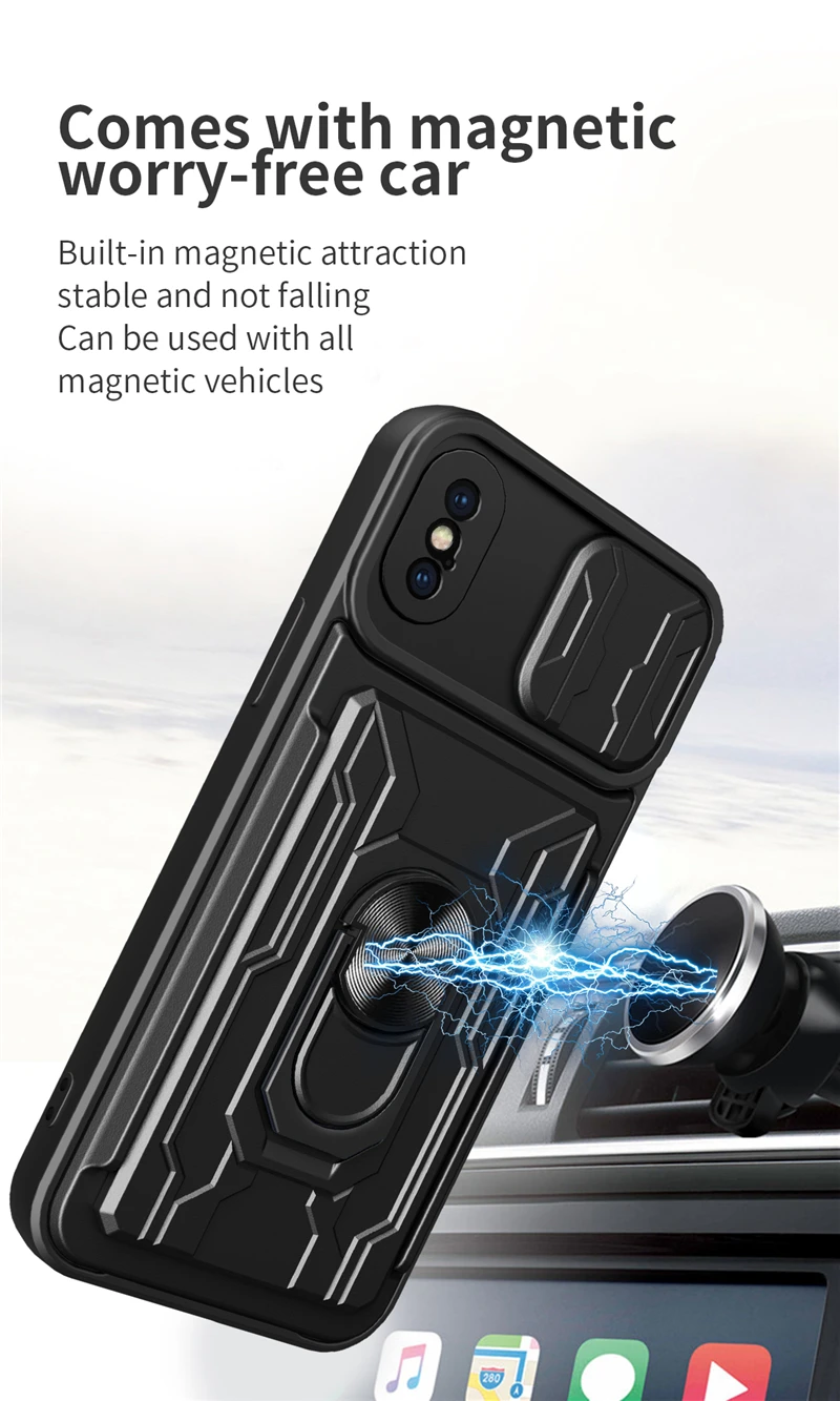 Dla iPhone 13 12 11 Pro Max Etui Slide Camera Card Slot Kickstand Magnetic Ring Shockproof Armor XR XS Max X XS 6 7 8 Plus Cover