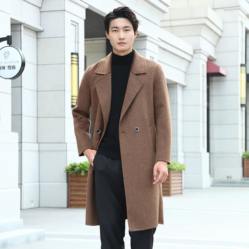 High End Long Men's 100% Pure Wool Suit, Woolen Cardigan Jacket, Autumn/ Winter New Woolen Business Double-sided Cashmere coat