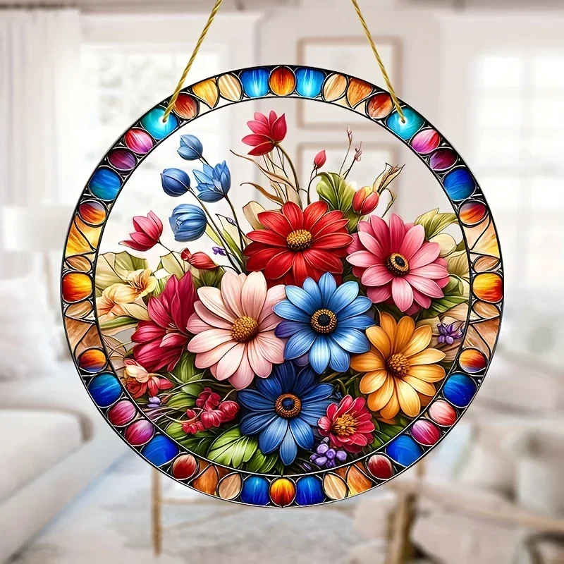 Flower Suncatcher, Stained Translucent Hanging, Acrylic Round Sign,Winter Window Decor,Wreath Sign,Wreath Center, Christmas Gift