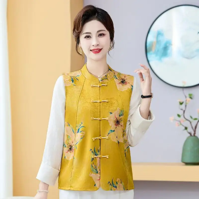 

Новая китайская весенняя одежда для молодых мам: Женский модный универсальный топ-жилет с воротником-стойкой и пуговицами, с принтом