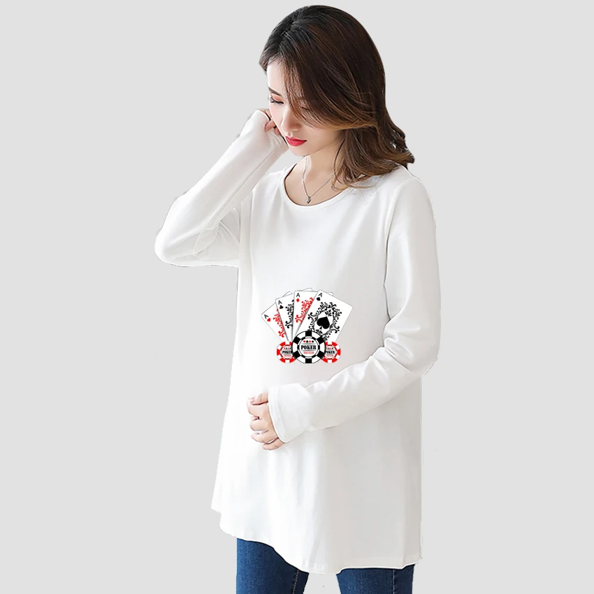 Printed Customized Pregnant T-Shirt Girl A poker animal Maternity Pregnancy Flattering Long SleeveShirt Mom Women Add Your Desig