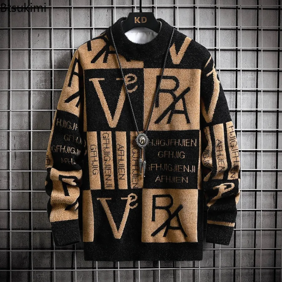 

Новые мужские модные пуловеры с круглым вырезом, утепленные вязаные джемперы в стиле Y2K, уличная одежда, свитеры с длинным рукавом для мужчин