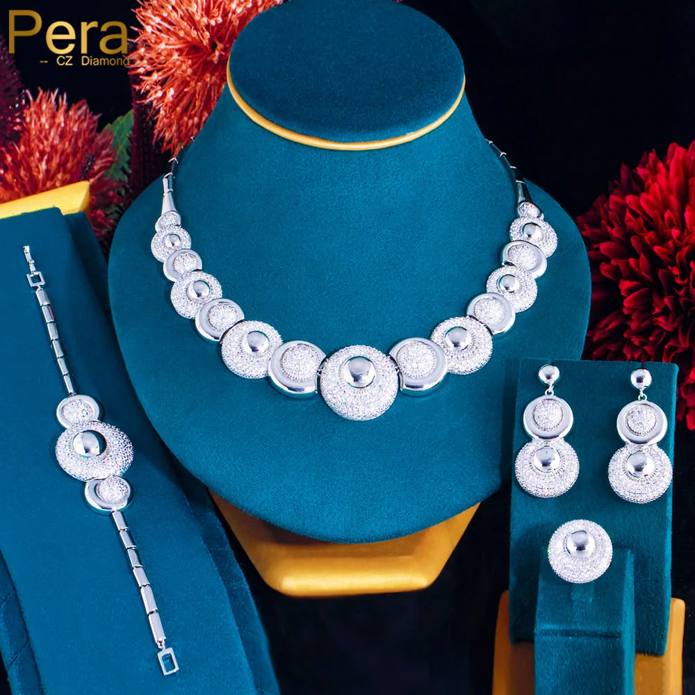 Pera Brazilian Silver Plated Big Round Chain Choker Necklace Earrings for Women Bridal Wedding African CZ 4Pcs Jewelry Sets J332