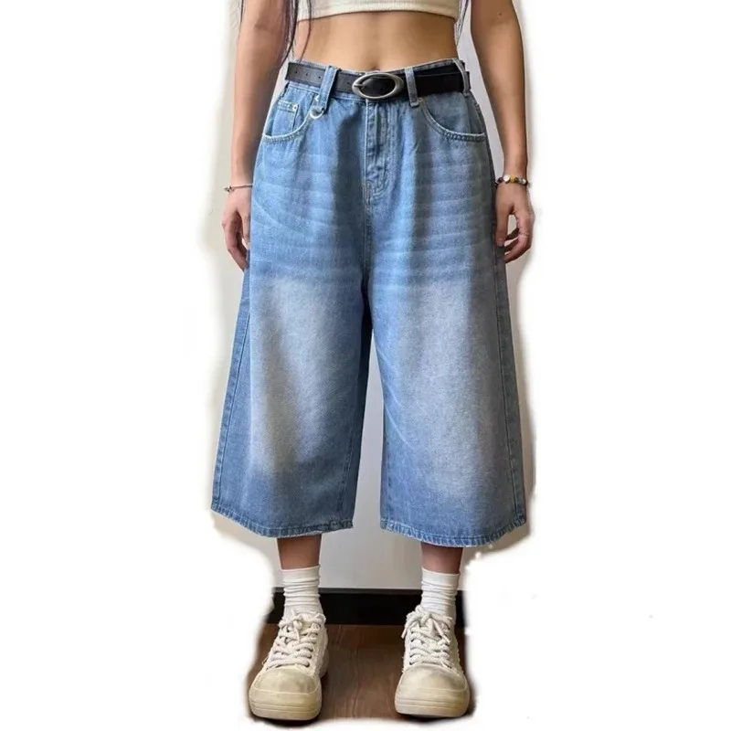 Retro Plus Size Denim Shorts Loose Jeans Y2k Streetwear Oversize Shorts Denim Pants Korean Unisex Style Baggy Wide Leg Capris