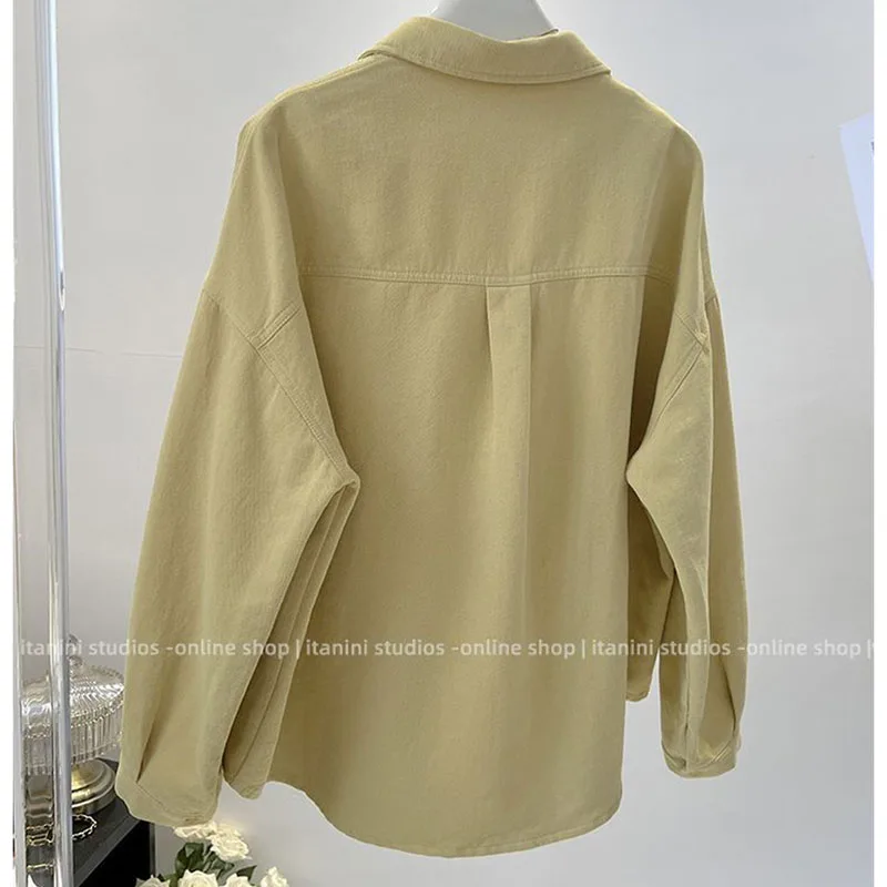 

2025 женские однотонные рубашки, куртка, весенне-осенняя женская новая свободная верхняя одежда с карманами, корейская женская блузка-кардиган с длинными рукавами