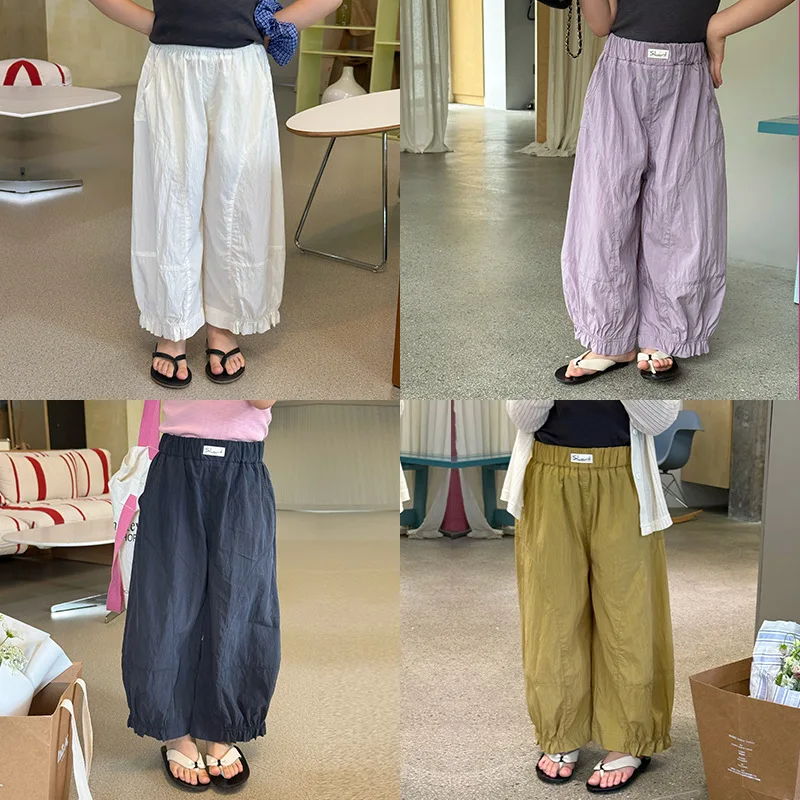 

Girl Pants 2025 Summer New Childrens Clothing Girl Baby Day Silk Wrinkle Feeling Sweet Lace Balloon Pants Cool Feeling