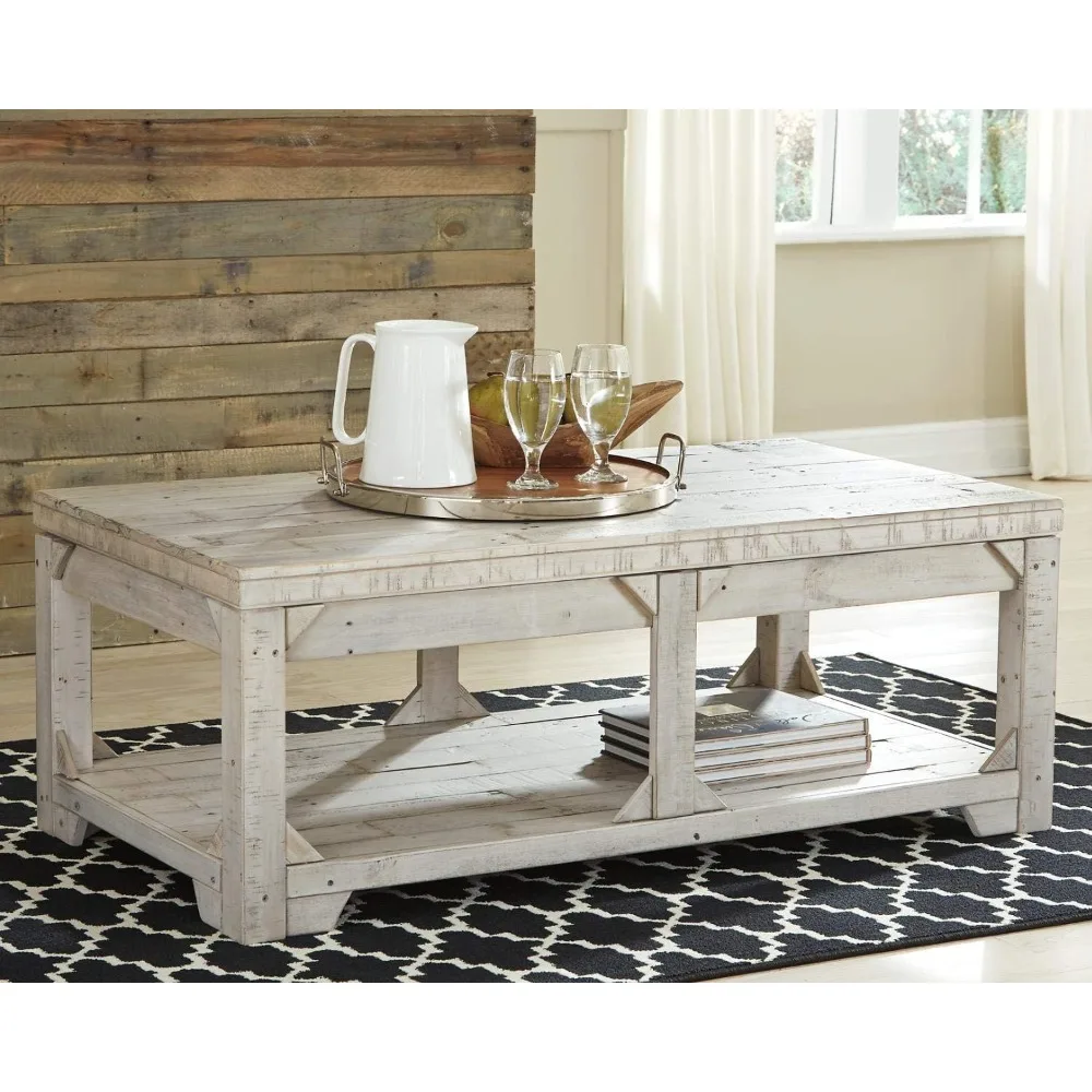 Fregine Farmhouse Rectangular Lift Top Coffee Table with Floor Shelf, Whitewash with Weathered Finish