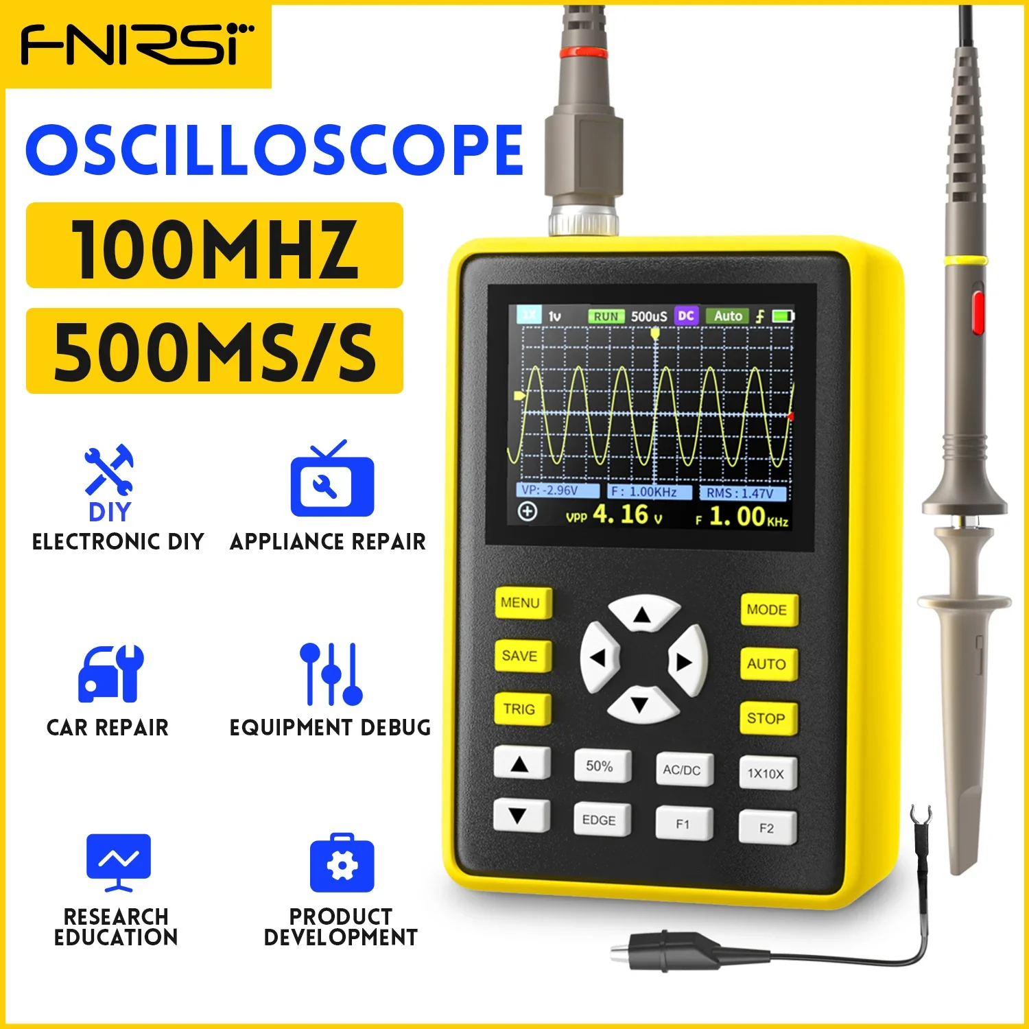 

FNIRSI-5012H Handheld Digital Oscilloscope 500MS/s Sampling Rate 100MHz Analog Bandwidth 2.4 Inches Support Waveform Storage